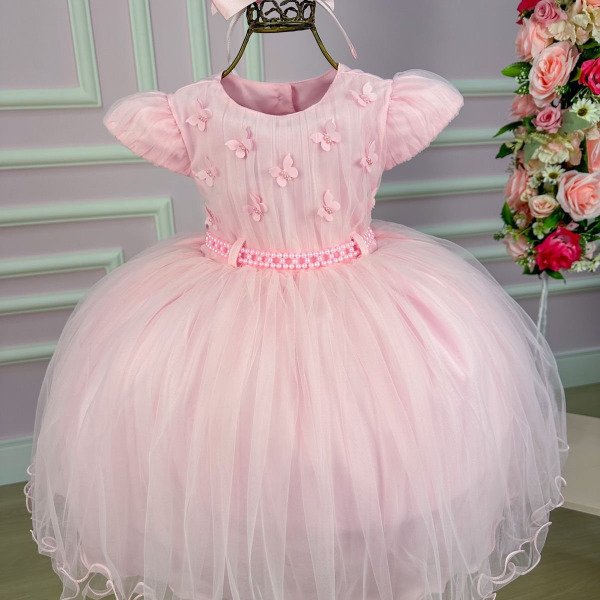 Vestido Menina Bonita Rosa Bebe Borboletas Peito de Tule