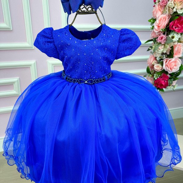 Vestido Menina Bonita Azul Royal Peito Rendado