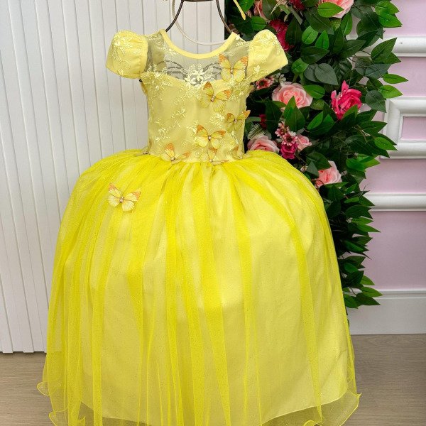 Vestido Vila Lele Longo Jardim Encantado Borboletas Amarelo