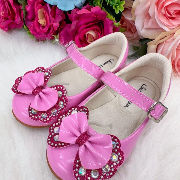 Sapatilha Flor Di MIla Baby Rosa Chiclete Com Pink Lacinho Strass