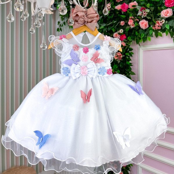 Vestido Marie Branco Jardim Encantado Laço Borboletas Coloridas