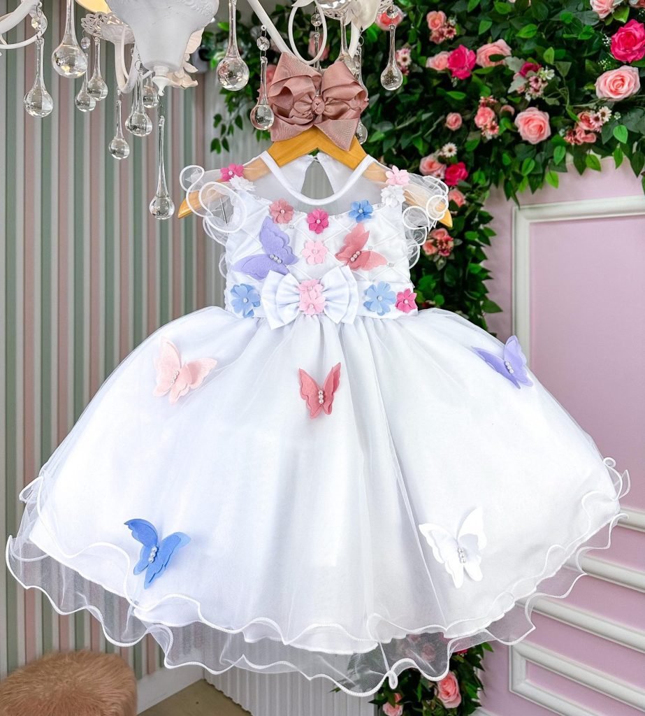 Vestido Marie Branco Jardim Encantado Laço Borboletas Coloridas