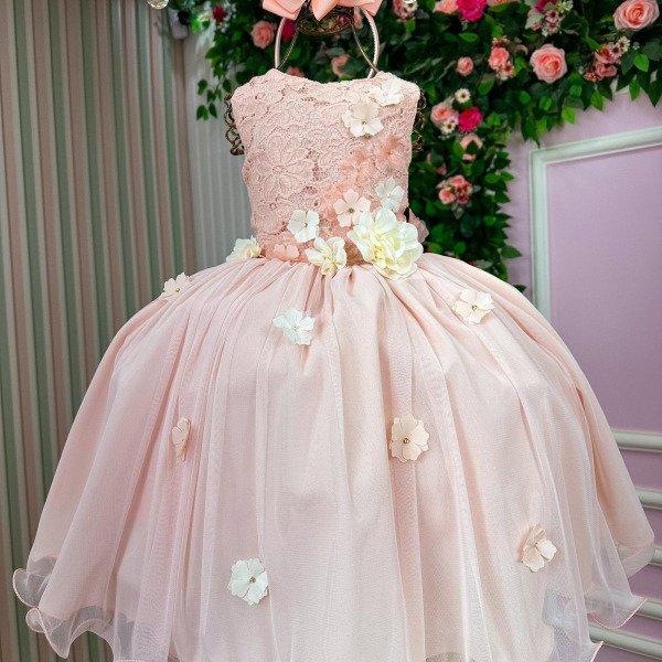 Vestido Juvenil Vila Lele Regata Flores Pessego