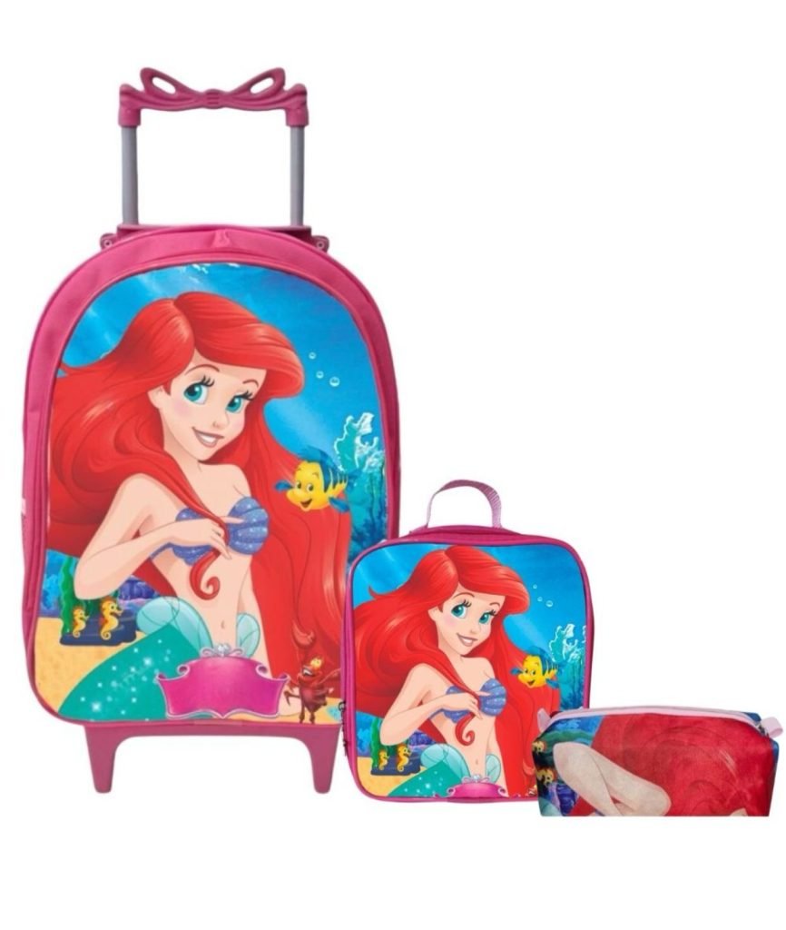 Kit Mochila Rodinhas + Lancheira + Estojo A Pequena Sereia Ariel