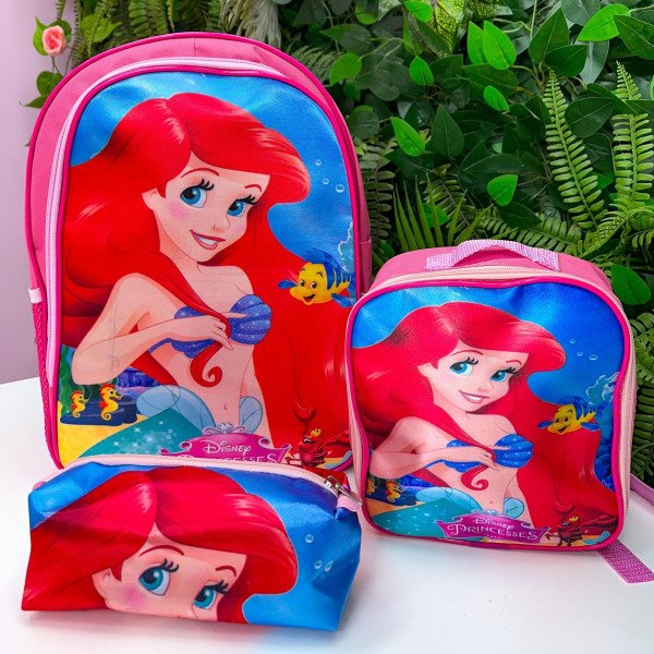 Kit Mochila de Costas + Lancheira + Estojo A Pequena Sereia – Ariel