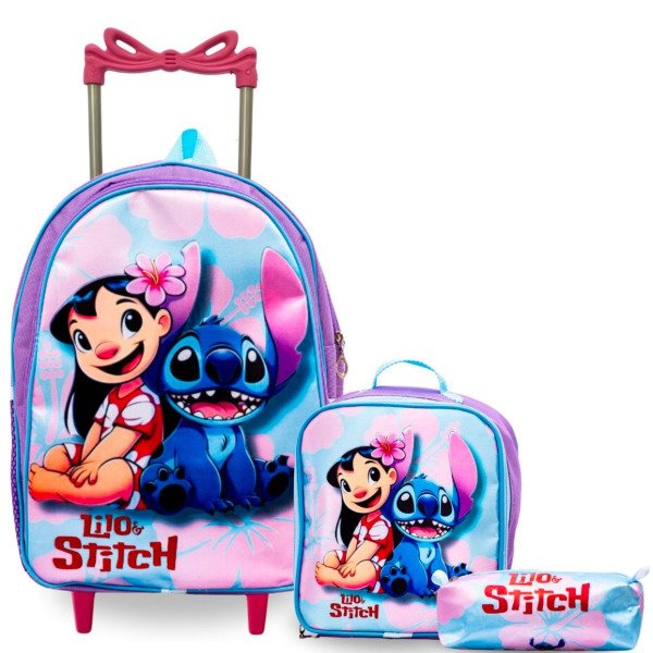 Kit Mochila Rodinhas + Lancheira + Estojo Lilo e Stitch