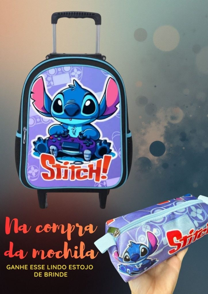 Mochila Rodinhas Stitch Masculino + Estojo de Brinde